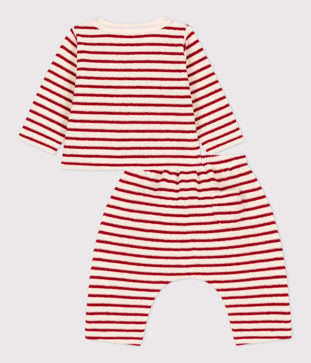 Ensemble b&eacute;b&eacute; 2 pi&egrave;ces ray&eacute; en bouclette &eacute;ponge &eacute;cru/rouge