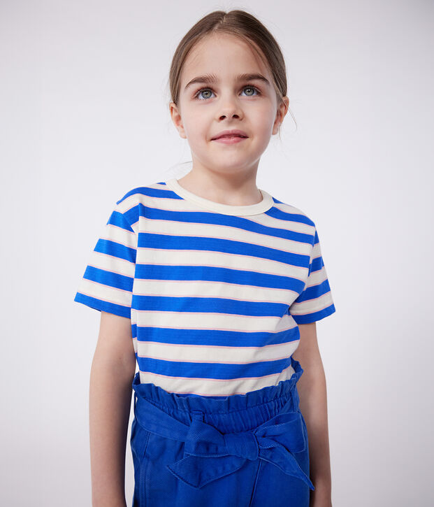 Teeshirt enfant en coton manches courtes &agrave; rayures &eacute;cru/multicouleur
