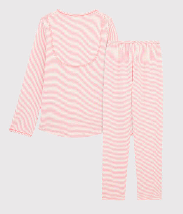 Pyjama &agrave; rayures milleraies petite fille en c&ocirc;te rose/blanc