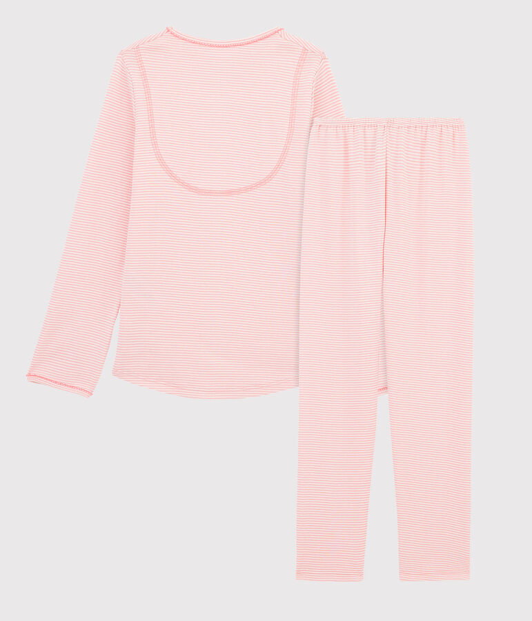 Pyjama &agrave; rayures milleraies petite fille en c&ocirc;te rose GRETEL/blanc MARSHMALLOW