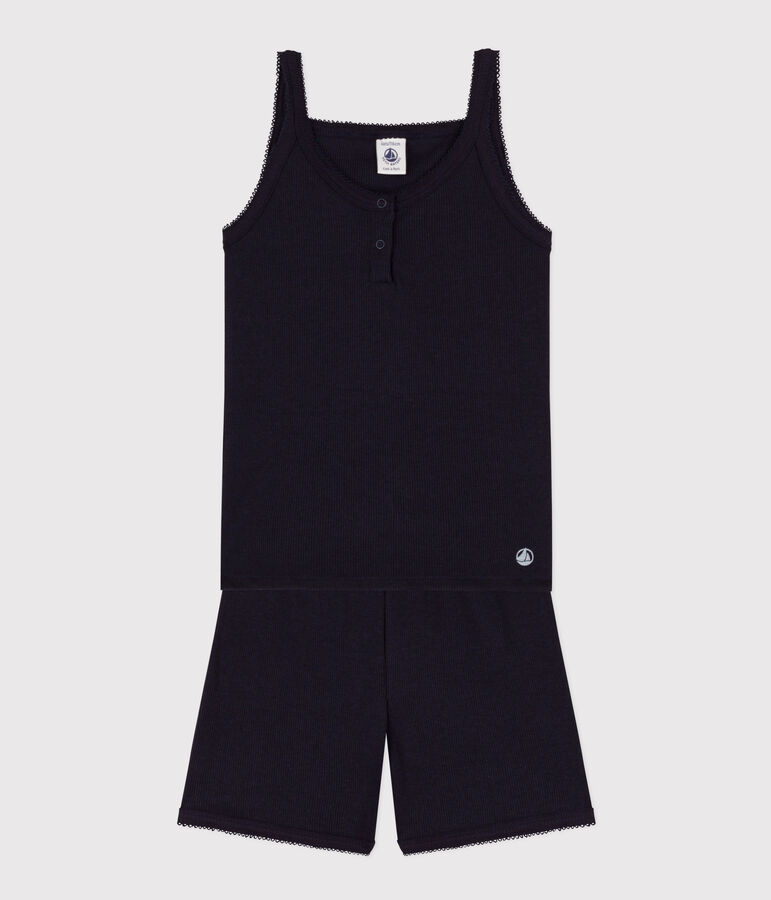 Pyjacourt &agrave; bretelles uni en coton et lyocell petite fille bleu SMOKING