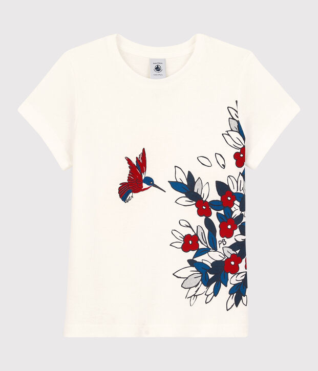 Tee-shirt manches courtes en coton enfant fille blanc/rouge