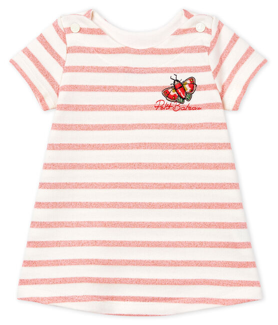 Robe manches courtes rayée bébé fille blanc MARSHMALLOW/rose JOLI BRILLANT