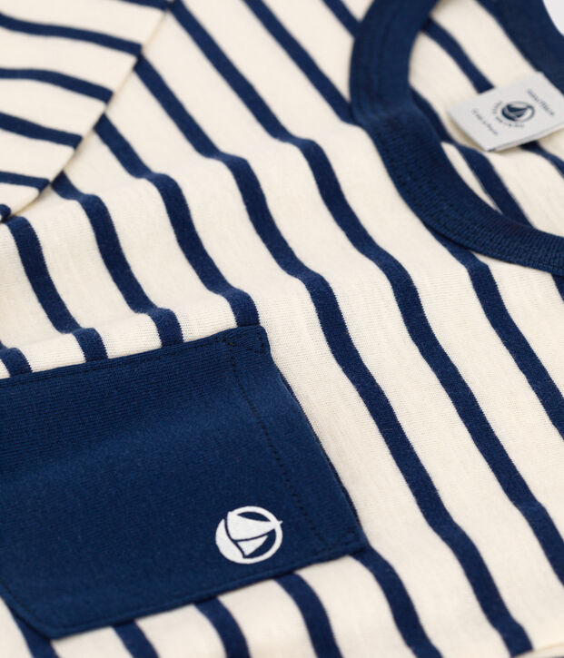 Tee-shirt manches longues en coton enfant gar&ccedil;on &eacute;cru/bleu