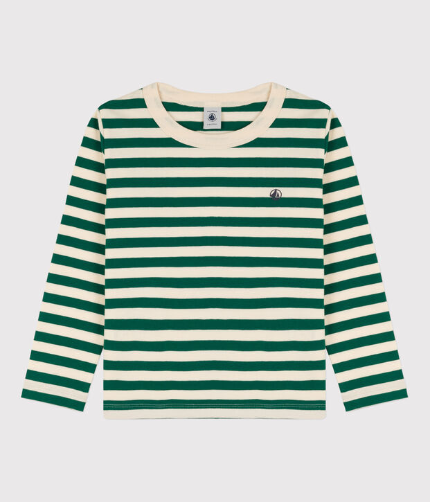 Tee-shirt manches longues en coton enfant gar&ccedil;on vert/&eacute;cru