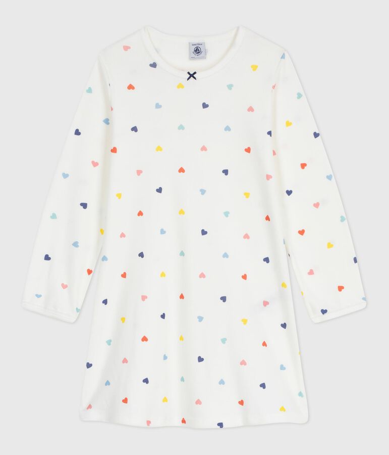 Chemise de nuit enfant en coton manches longues imprim&eacute; c&oelig;urs blanc/multicouleur