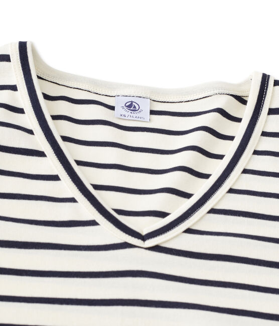 T-shirt femme manches longues col V rayé beige COQUILLE/bleu SMOKING