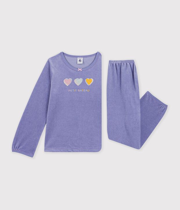 Pyjama enfant en velours &agrave; motif c&oelig;urs violet