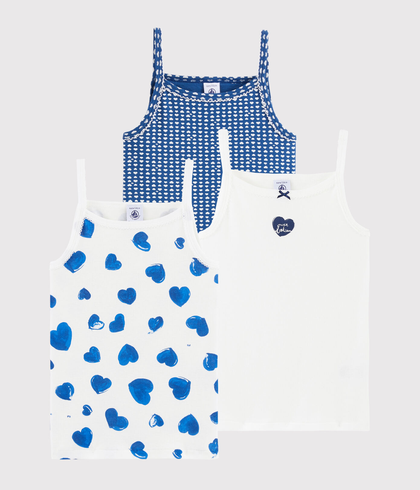 Chemises à Bretelles Petit Bateau Pour Fille - Lot De 3 En Côte, Cœur Rouge - Coton Biologique, Finitions Picots