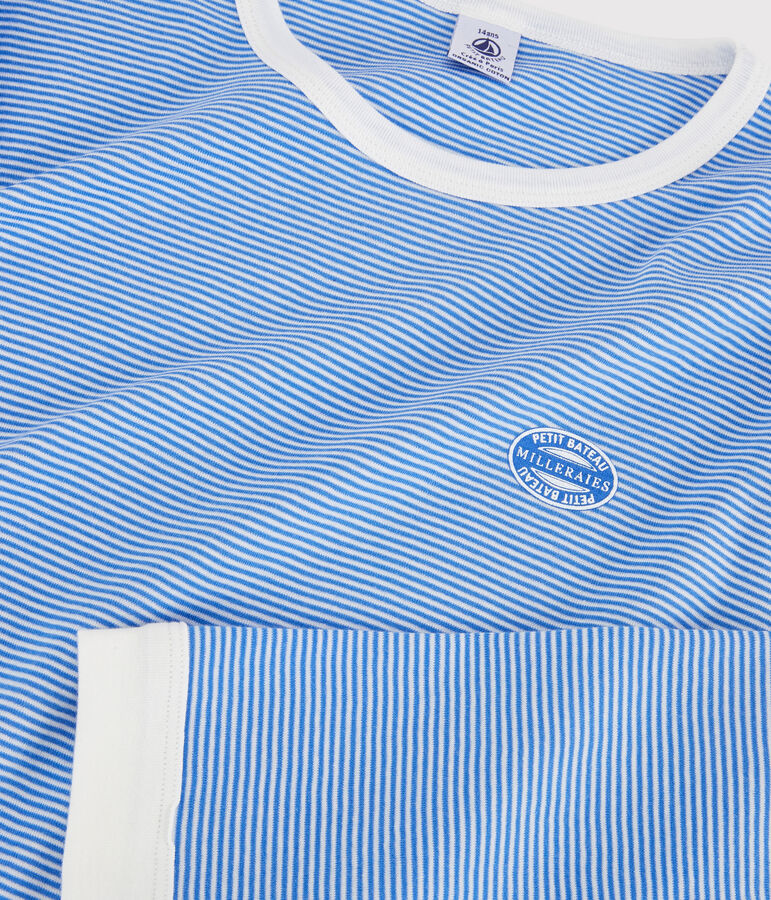 Pyjama milleraies bleu fille/gar&ccedil;on en coton biologique bleu/blanc