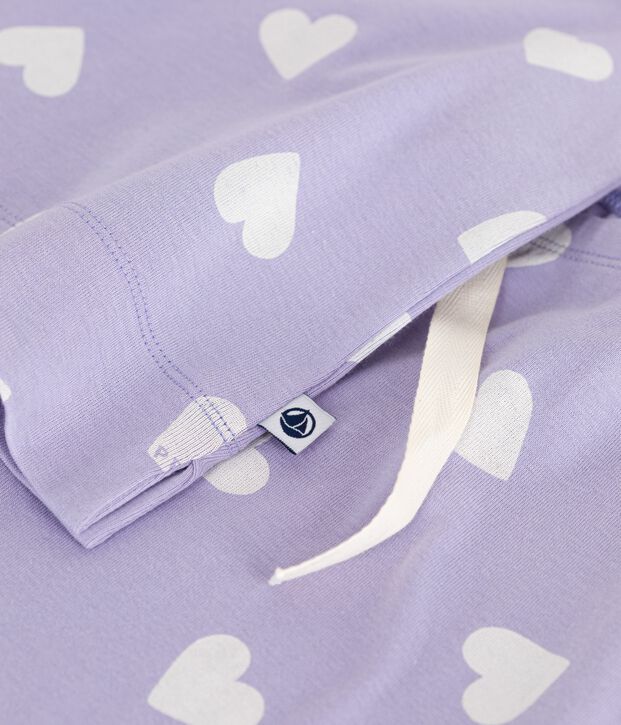 Pyjama femme en coton manches courtes jambes larges imprim&eacute; c&oelig;urs violet/blanc