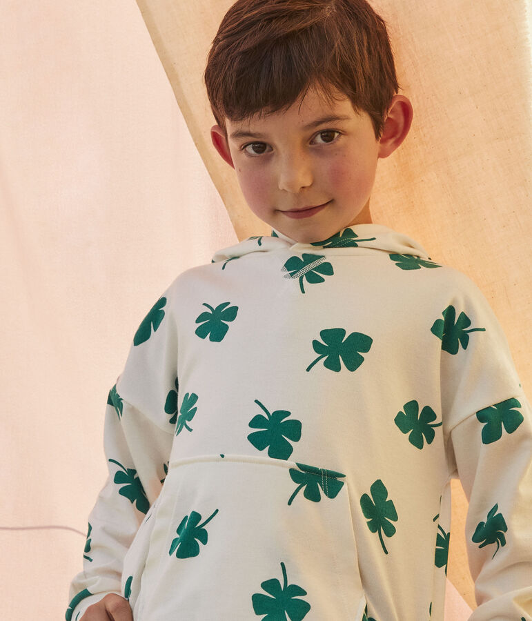 Sweatshirt &agrave; capuche en molleton enfant gar&ccedil;on blanc MARSHMALLOW/vert GAZON