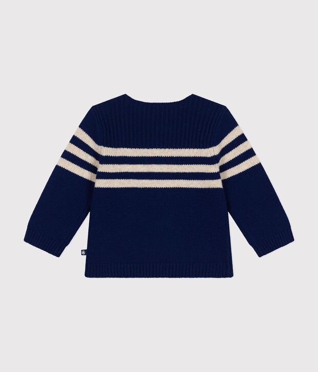 Pull en tricot contenant de la laine bleu/&eacute;cru