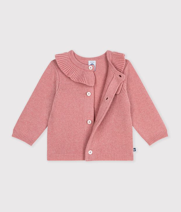 Cardigan b&eacute;b&eacute; en tricot laine et coton uni &agrave; col rose