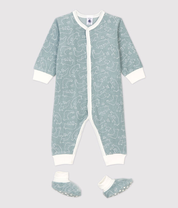 Ensemble nuit b&eacute;b&eacute; imprim&eacute; ours en bouclette &eacute;ponge toute douce. gris/blanc