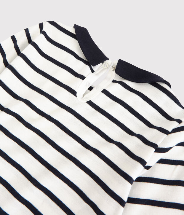 Tee-shirt manches longues en coton enfant fille blanc/bleu