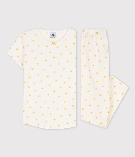 Pyjama manches courtes soleils petite fille en coton biologique blanc MARSHMALLOW/ ORGE