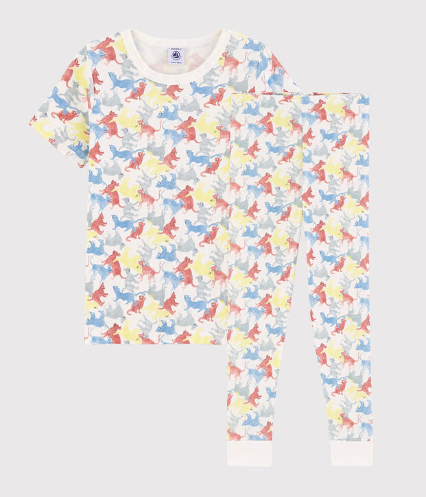 Pyjama imprim&eacute; chats petit gar&ccedil;on en coton biologique blanc/multicouleur