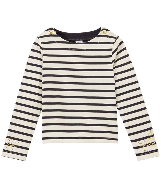Marinière fille manches longues en jersey lourd blanc MARSHMALLOW/bleu SMOKING