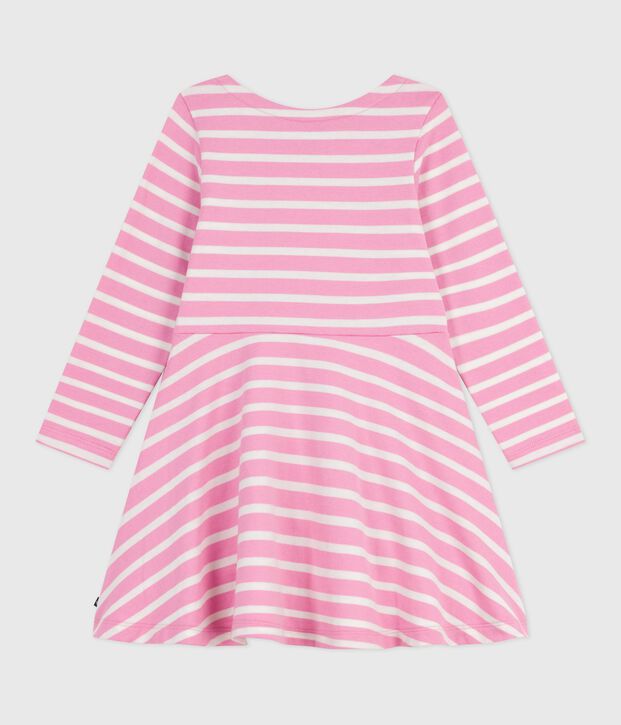 Robe enfant manches longues en coton rose/&eacute;cru
