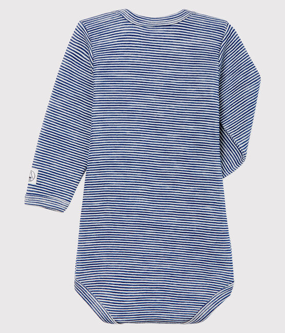 BODY MANCHES LONGUES À RAYURES BÉBÉ EN LAINE ET COTON bleu MEDIEVAL/blanc MARSHMALLOW