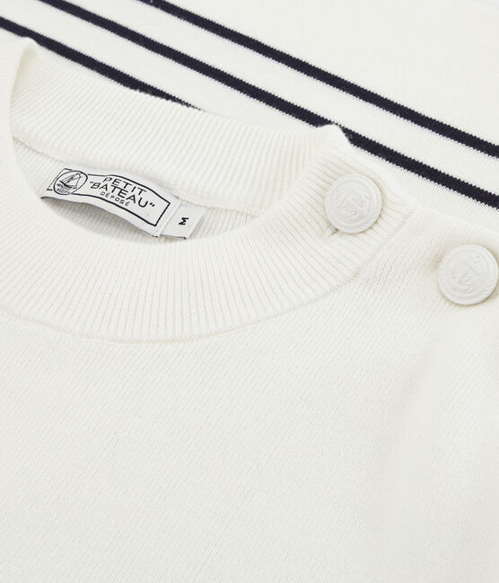 Pull marin en coton tricot côte 1x1. blanc MARSHMALLOW/bleu SMOKING