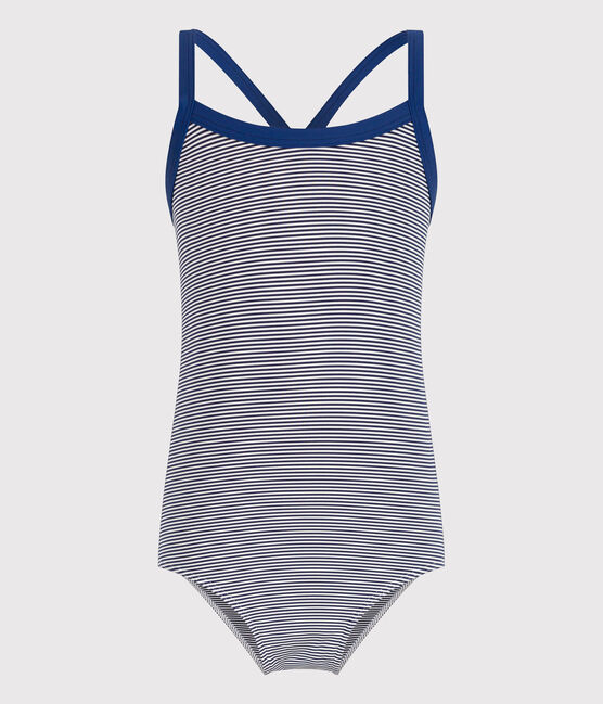 Maillot de bain 1 pièce à rayures enfant fille bleu MEDIEVAL/blanc MARSHMALLOW
