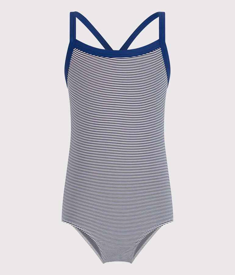 Maillot de bain 1 pi&egrave;ce &agrave; rayures enfant fille bleu MEDIEVAL/blanc MARSHMALLOW