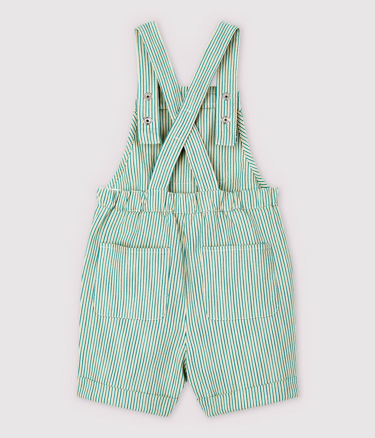 Salopette courte en serge craquante b&eacute;b&eacute; gar&ccedil;on blanc MARSHMALLOW/vert GAZON