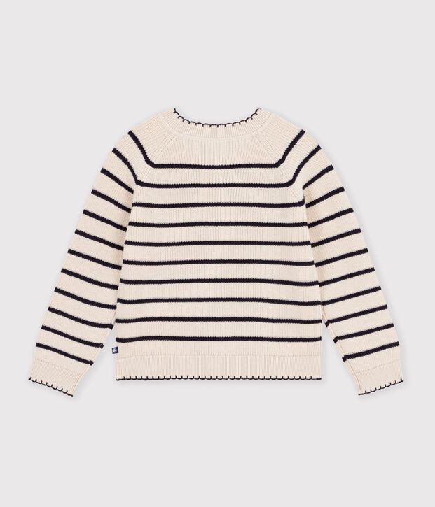 Cardigan enfant en laine et coton &agrave; rayures &eacute;cru/bleu