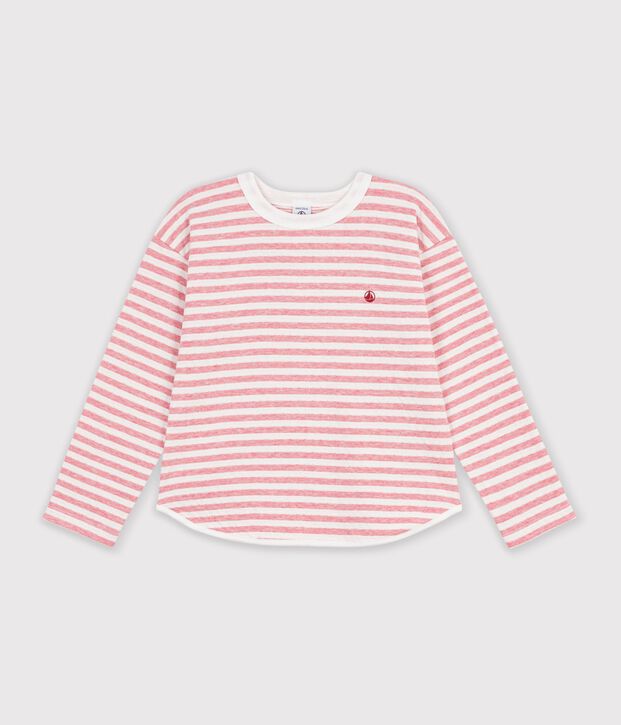 Tee-shirt enfant manches longues &agrave; rayures rose/&eacute;cru