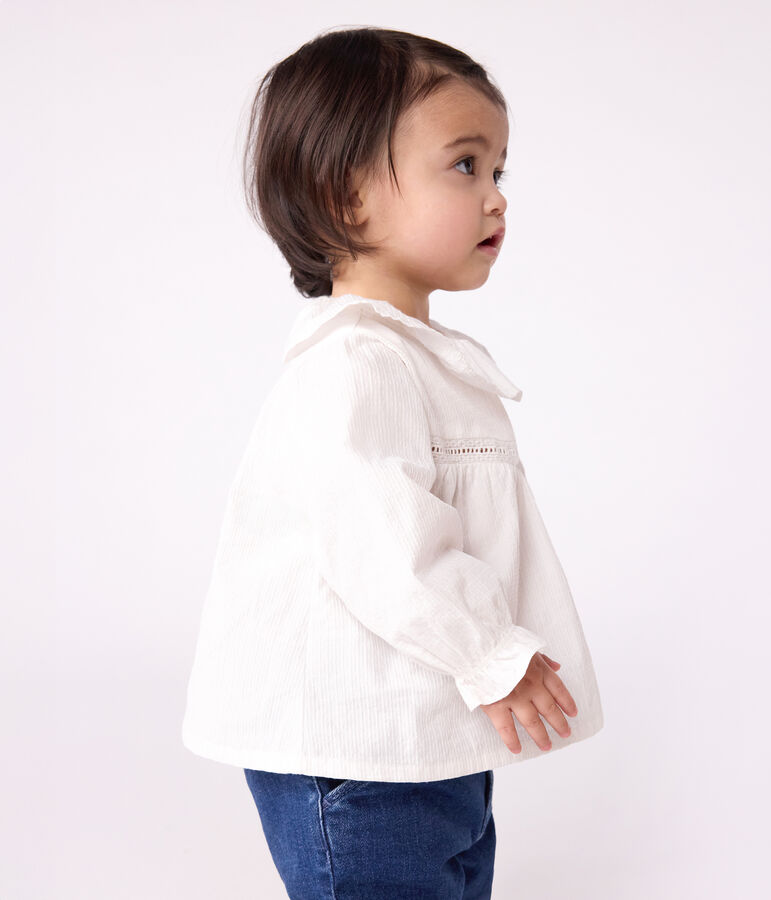 Blouse b&eacute;b&eacute; en popeline de coton manches longues, &agrave; col et brod&eacute;e blanc ECUME