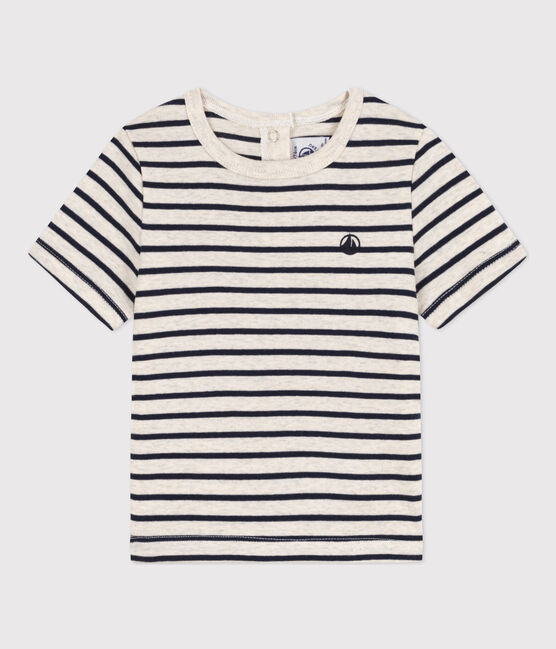 Tee-shirt manches courtes bébé en coton rayé beige MONTELIMAR/bleu SMOKING