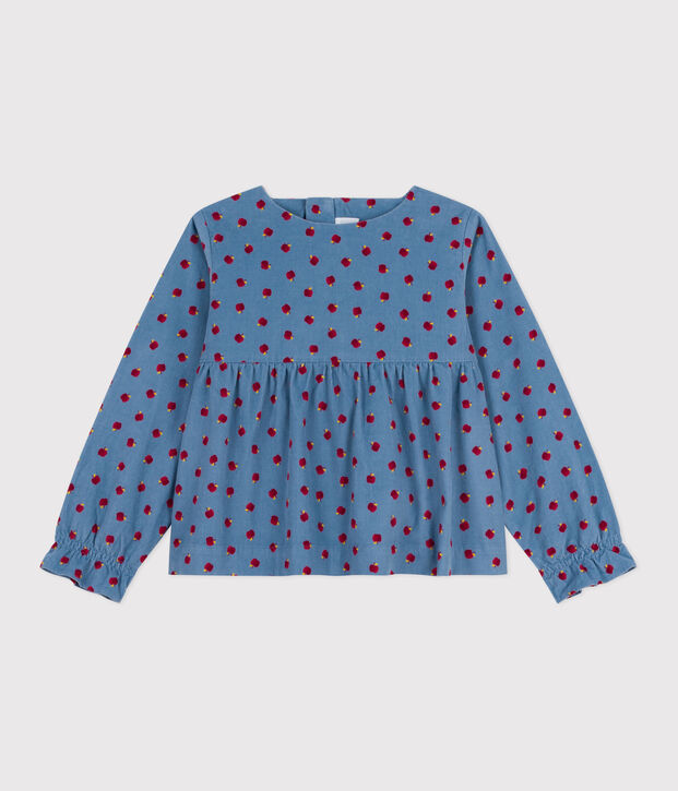 Blouse enfant en velours manches longues imprim&eacute;e bleu/multicouleur