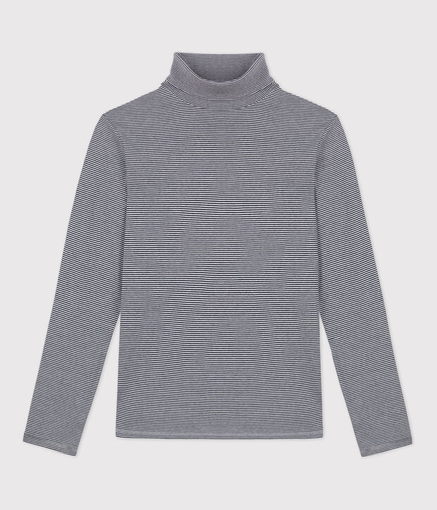 Tee-shirt col roul&eacute; L'ICONIQUE en coton BIO Femme bleu/blanc