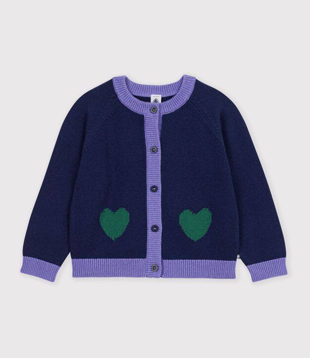 Cardigan enfant en laine et coton uni bleu marine