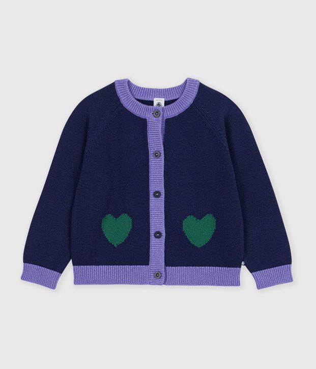 Cardigan enfant en laine et coton uni bleu marine