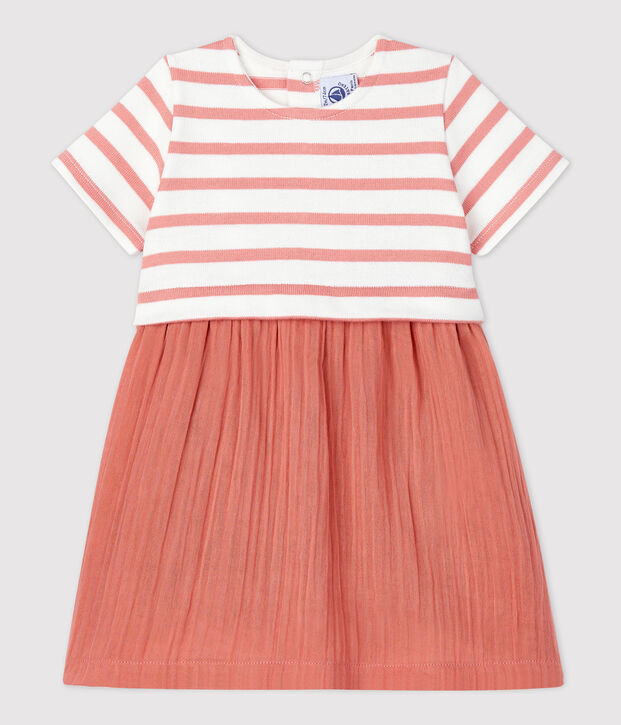 Robe bi-mati&egrave;re en gaze de coton et jersey &eacute;pais bio b&eacute;b&eacute; blanc/rose