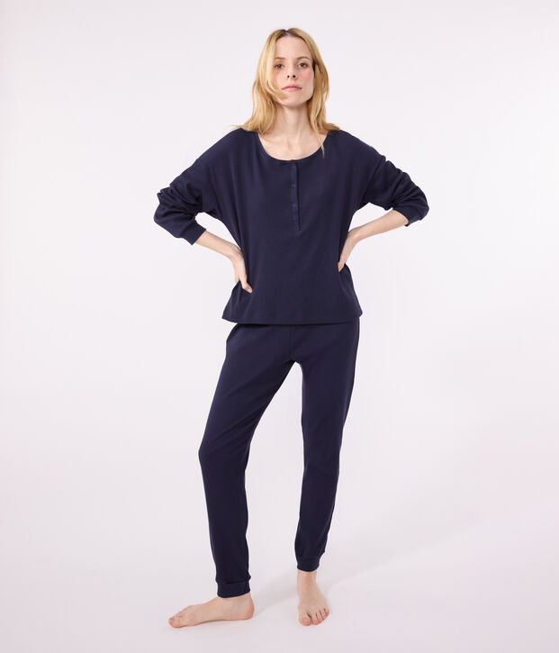 Pyjama uni en coton femme bleu