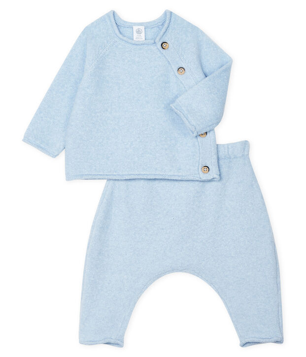 Ensemble deux pi&egrave;ces b&eacute;b&eacute; en coton, laine m&eacute;rinos et polyester bleu clair