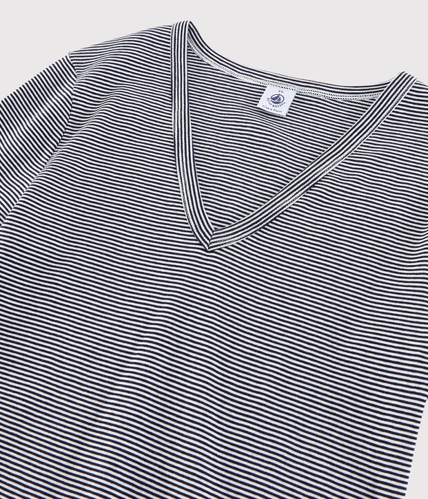 T-shirt col V iconique en coton Femme bleu/blanc