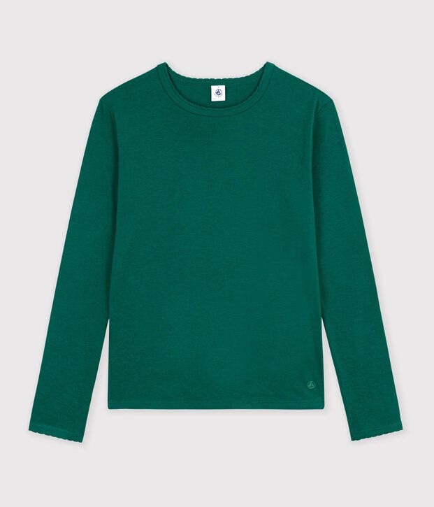 Tee-shirt femme finitions point cocotte en coton manches longues vert fonc&eacute;