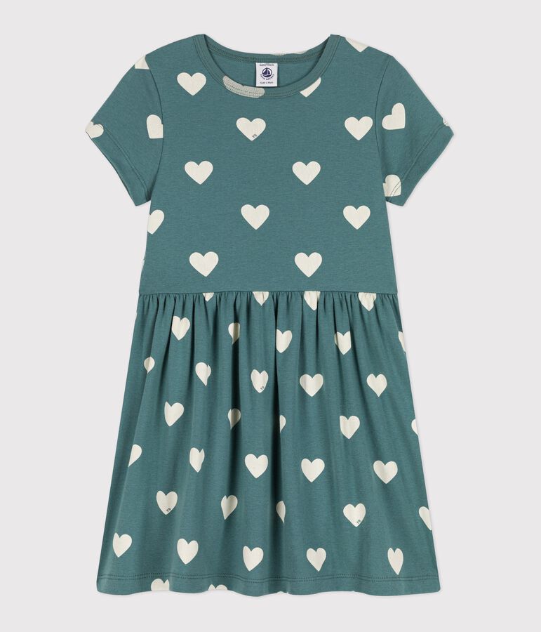 Robe manches courtes en coton bio enfant fille vert/&eacute;cru
