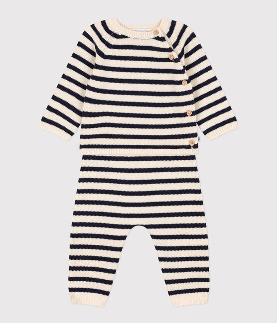Ensemble en tricot laine et coton rayure marinière bébé blanc AVALANCHE/bleu SMOKING