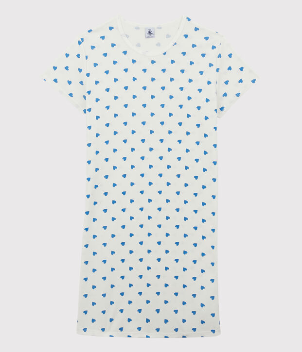 Chemise de nuit manches courtes fille c&oelig;urs bleus en coton blanc/bleu