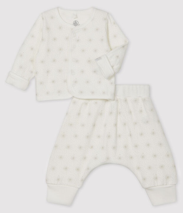 Ensemble 2 pi&egrave;ces b&eacute;b&eacute; mixte en tubique blanc/gris