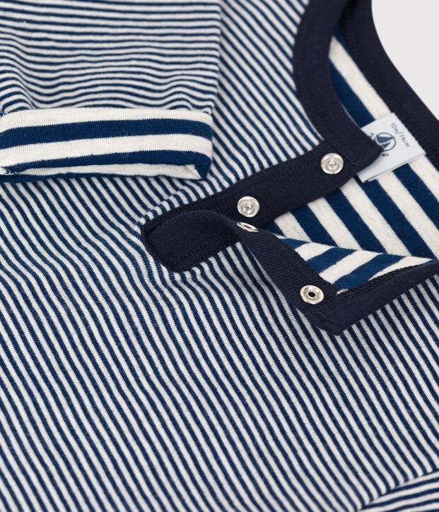 Tee-shirt manches longues b&eacute;b&eacute; milleraies en tubique bleu/beige