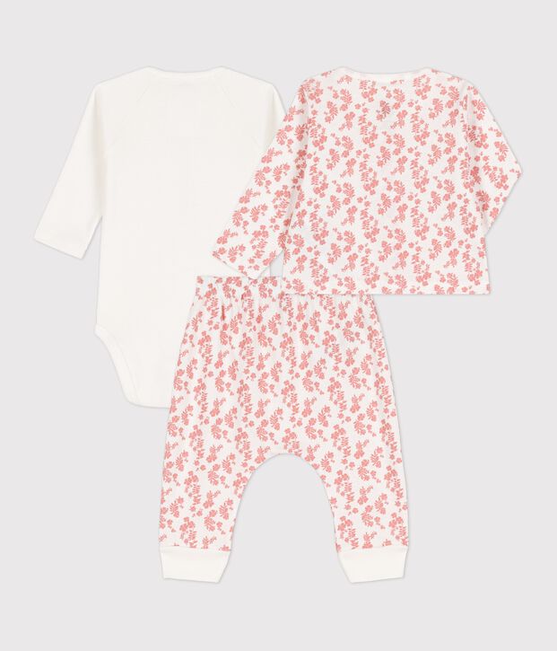 Ensemble 3 pi&egrave;ces b&eacute;b&eacute; imprim&eacute; Hawa&iuml; en coton bio blanc/rose