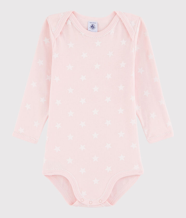 Body manches longues b&eacute;b&eacute; fille rose MINOIS/blanc MARSHMALLOW