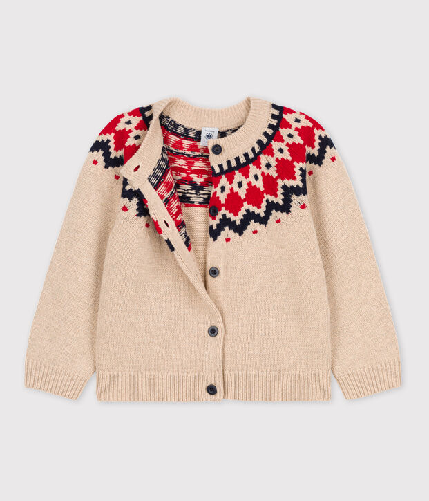 Cardigan laine et coton enfant fille beige/multicouleur